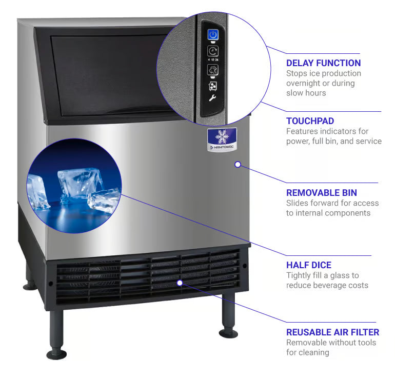 Manitowoc NEO Series 190 lb/Day Undercounter Ice Maker – Integrated Filtration, Energy-Efficient R290 Refrigerant