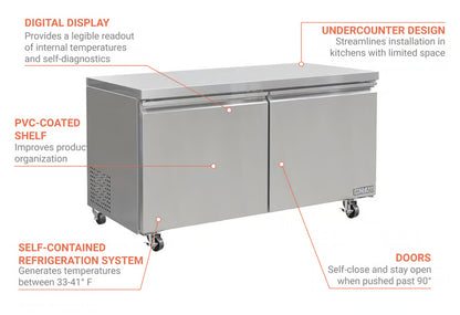 MoTak 60″ Commercial Undercounter Refrigerator – 2 Door Stainless Steel, NSF